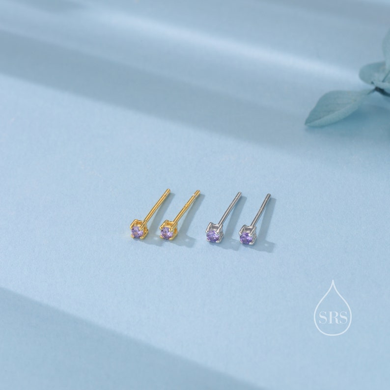 Extra Tiny 2mm Amethyst Purple CZ Stud Earrings in Sterling Silver, Silver or Gold, Barely Visible Stud Earrings, 2mm Purple Earrings image 5