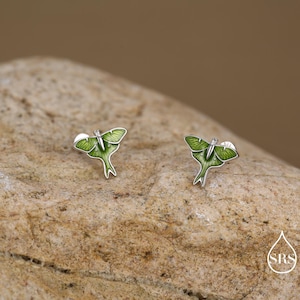 Lunar Moth Enamel Flat Back / Screw Back/ Stud Earrings in Sterling Silver, Green Enamel Butterfly Earrings, Nature-Inspired Animal Earring
