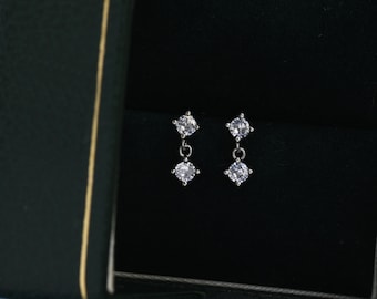 Tiny Double CZ Dangle Stud Earrings in Sterling Silver, Silver or Gold, Two CZ Prong Set Earrings, Solid Silver Crystal Earrings