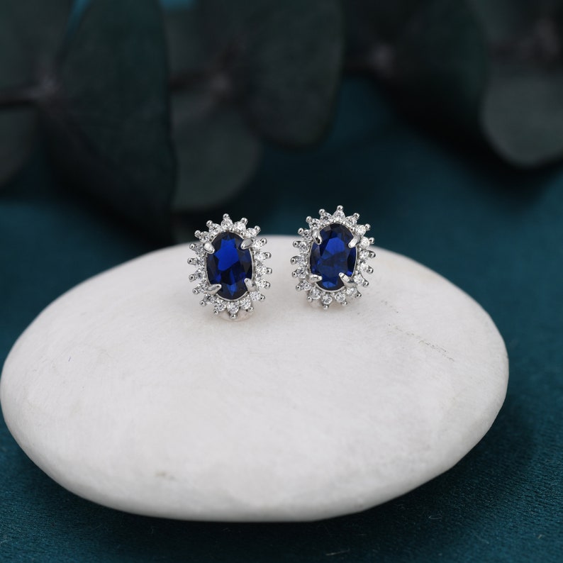 Sapphire Blue CZ Stud Earrings in Sterling Silver, Blue Oval Crystal Stud Earrings, September Birthstone zdjęcie 2