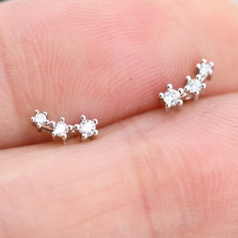 Extra Tiny CZ Trio Screw Back Earrings in Sterling Silver, Silver or Gold, Geometric Tiny Three Star CZ Barbell Earrings, Stacking Earrings image 8
