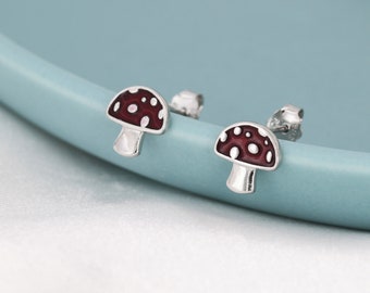 Mushroom Stud Earrings in Sterling Silver, Hand Painted Enamel, Fly Agaric, Nature Inspired Plant Earrings, Fungus Earrings