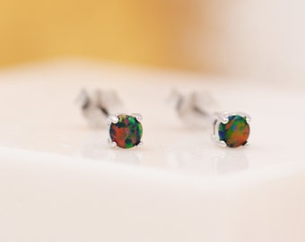 Black Opal Stud Earrings in Sterling Silver - 3 sizes 3mm 4mm 5mm - Lab Opal Stud Earrings  - Semi Precious Gemstone