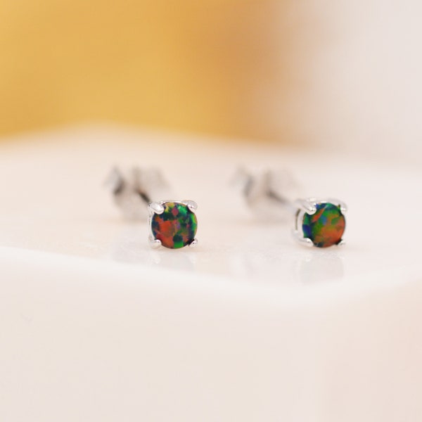 Black Opal Stud Earrings in Sterling Silver - 3 sizes 3mm 4mm 5mm - Lab Opal Stud Earrings  - Semi Precious Gemstone