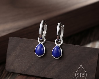 Sterling Silver Genuine Blue Lapis Droplet Hoop Earrings, Detachable Pear Shape Lapis Lazuli Dangle Hoop Earrings, Interchangeable