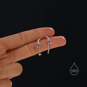 Moon and Dangling Star Stud Earrings in Sterling Silver, Moon and Star Earrings in Sterling Silver, Silver, Gold or Rose Gold imagem 2