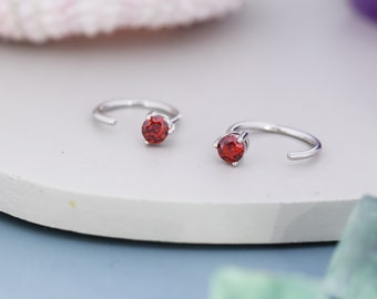 Tiny Garnet Red CZ Huggie Hoop Earrings in Sterling Silver, Red CZ Pull Through Earrings, Half Hoop, Silver or Gold, January Birthstone