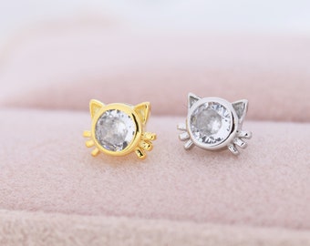 CZ Cat Stud Earrings in Sterling Silver, Silver or Gold, Cat Lover Earrings, Minimalist Cat Earrings, Nature Inspired Animal Earrings