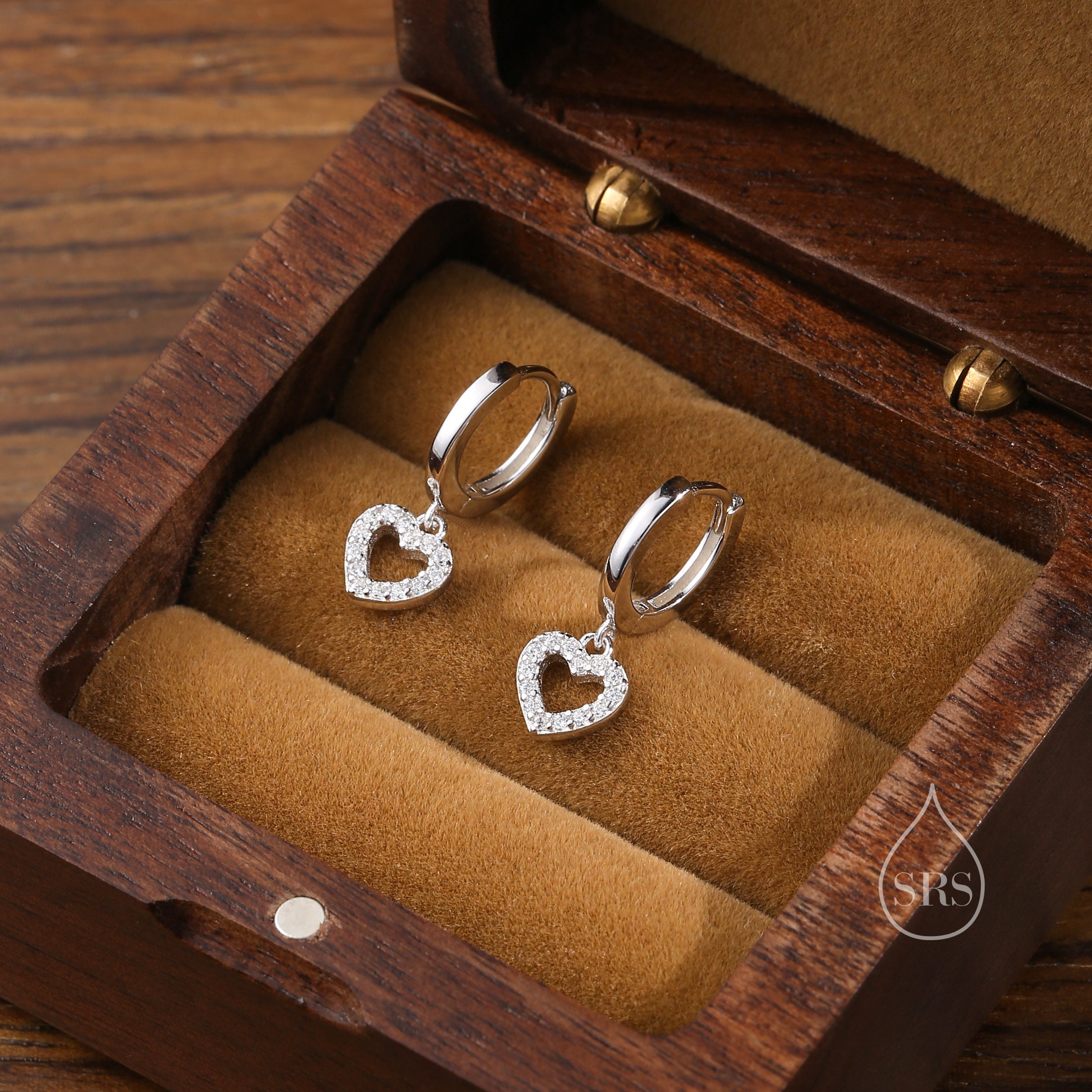 Tiny CZ Heart Dangle Huggie Hoop in Sterling Silver, Silver or Gold or Rose Gold, Skinny CZ Heart Earrings, Heart Huggie Hoops