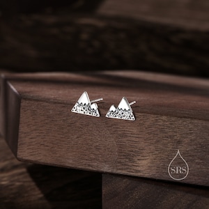 May include: A pair of silver mountain-shaped stud earrings. The earrings are small and delicate, with a textured surface.