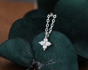 Sterling Silver Four CZ Hydrangea Flower Pendant Necklace