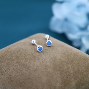 Tiny Aquamarine Blue CZ Barbell Earrings in Sterling Silver,  3mm CZ Screw Back  Dot Earrings, Screwback Earrings, March Birthstone