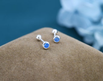 Tiny Aquamarine Blue CZ Barbell Earrings in Sterling Silver,  3mm CZ Screw Back  Dot Earrings, Screwback Earrings, March Birthstone