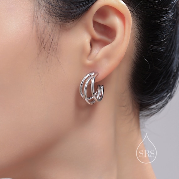 Silver triple store hoop earrings