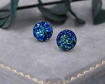 Extra Large Sterling Silver Druzy Stud Earrings，12mm Coin Earrings, Sparkly and Pretty - Peacock Blue Druzy