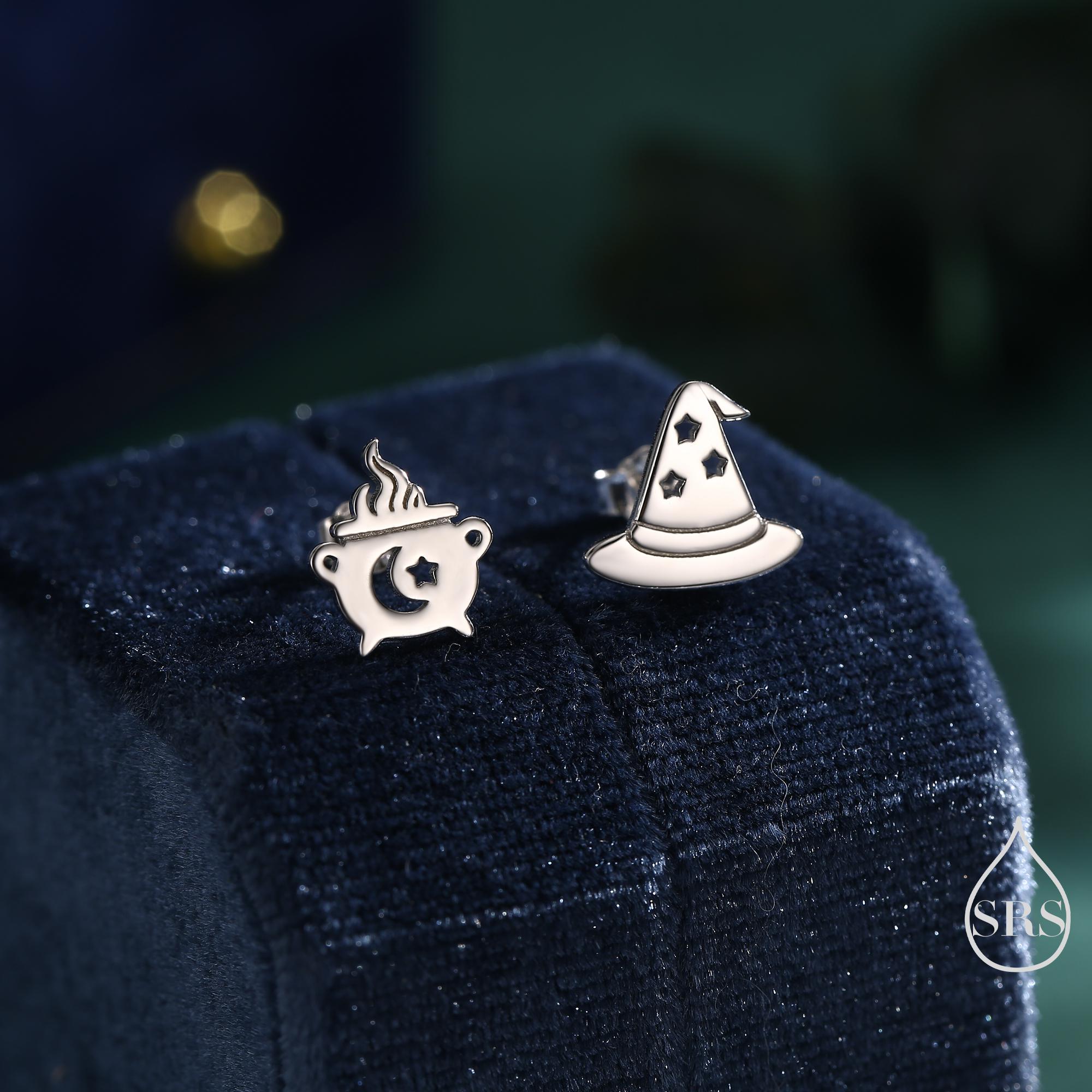 Mismatched Cauldron and Witch Hat Stud Earrings in Sterling Silver,  Silver, Gold or Rose Gold, Small Halloween Earrings