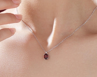 Tiny Genuine Garnet Crystal Oval Pendant Necklace in Sterling Silver, 5x7mm Tiny Oval Garnet Necklace, January Birthstone