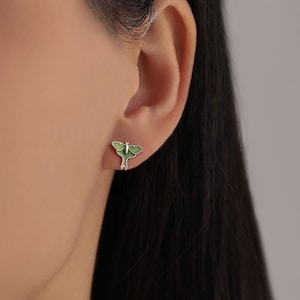 Lunar Moth Enamel Flat Back / Screw Back/ Stud Earrings in Sterling Silver, Green Enamel Butterfly Earrings, Nature-Inspired Animal Earring