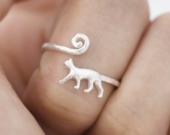 Sterling Silver Cat Ring, Adjustable Sized Ring, Open Ring, Stacking Rings