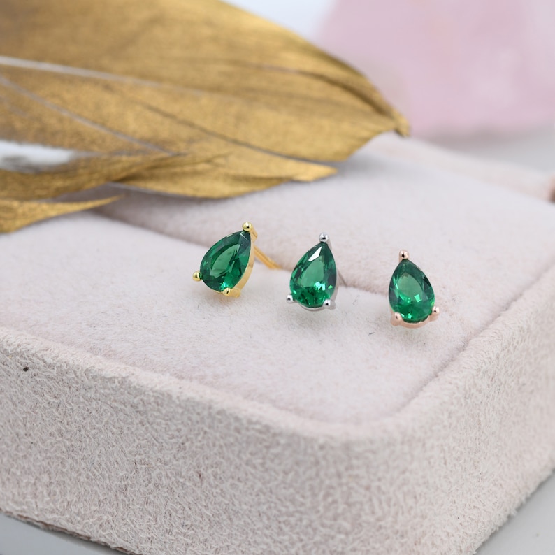 Sterling Silver Emerald Green Droplet Stud Earrings, Pear Cut Emerald Earrings, May Birthstone CZ Earrings, Silver, Gold or Rose Gold image 3