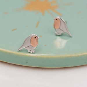 Robin Stud Earrings in Sterling Silver, Silver Bird Earrings, Silver and Rose Gold, Nature Inspired image 4