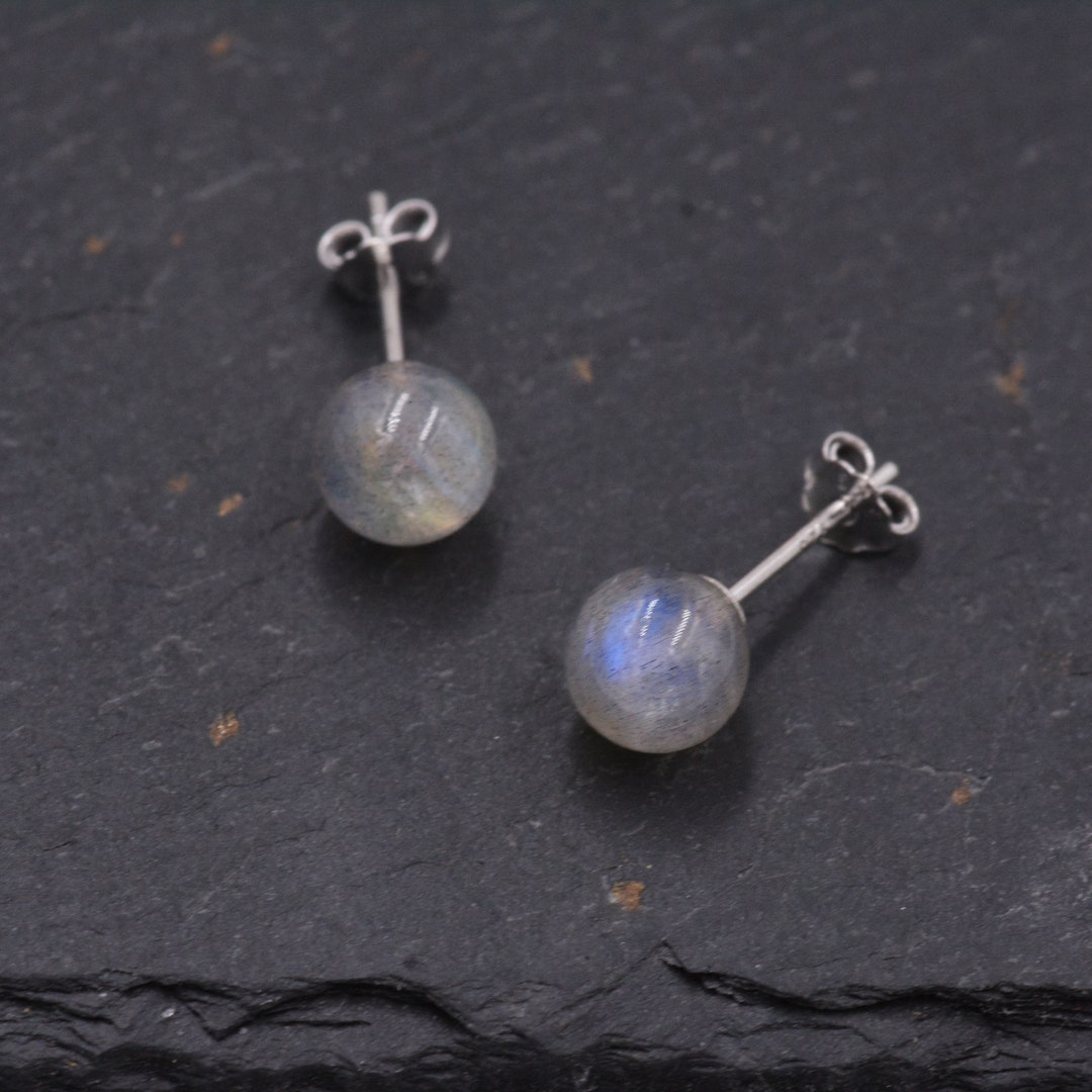 Grey Labradorite Gemstone Stud Earrings Simple Ball Earrings Etsy