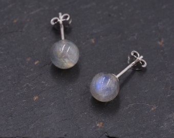 Grey Labradorite Gemstone Stud Earrings, Simple Ball Earrings, Sterling Silver Posts, Sphere Geometric Minimalist Design