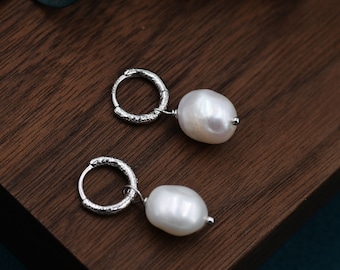 Baroque Pearl with Skinny Hammered Hoop Earrings in Sterling Silver, Detachable Pearl Hoop Earrings, Pearl Huggie Hoops, Keshi Pearls