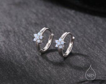 Opal Blue CZ Flower Huggie Hoop in Sterling Silver, Silver or Gold,  Delicate Flower CZ Hoops, Tiny Flower Hoops, Tiny CZ Hoops