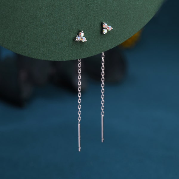 Aurora Borealis Three CZ Trinity Threader Earrings in Sterling Silver, Three Dot AB Crystal Ear Threaders, Trefoil Moonstone Earrings