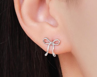 Ribbon Bow Stud Earrings in Sterling Silver, Available in Silver, Gold or Rose Gold, Ribbon Earrings, Ribbon Bow Earrings