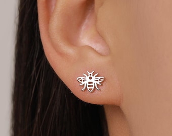 Orecchini a bottone a forma di ape in argento sterling, orecchini a forma di ape operaia, orecchini a forma di ape minuscola, orecchini a forma di ape mellifera minuscola, orecchini a forma di ape in argento