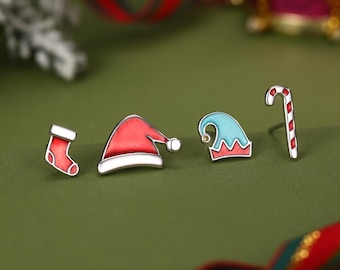 Sterlingzilveren kerstmismatch oorknopjes enkel | Kerstmuts, elfenhoed, zuurstok of kousenband
