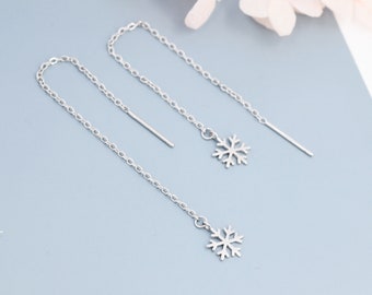 Snowflake Threader Earrings in Sterling Silver, Snow Flake Threaders, Silver, Gold or Rose Gold, Long Threaders