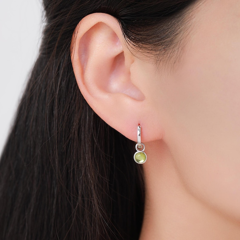 Genuine Peridot Hoop Earrings in Sterling Silver, Detachable Green Peridot Coin Dangle Hoop Earrings, Interchangeable, August Birthstone image 2