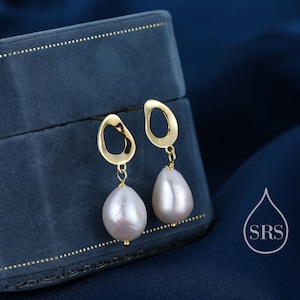 Genuine Fresh Water Pearl Drop Stud Earrings, Baroque Pearl, Sterling silver with 18ct Gold Plating, Contemporary Design image 4