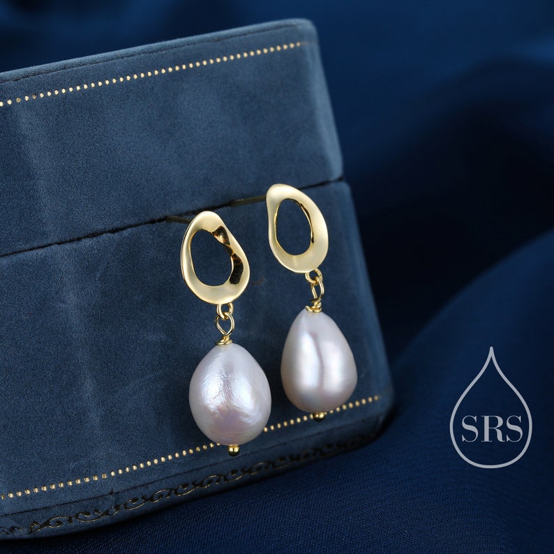 Genuine Fresh Water Pearl Drop Stud Earrings, Baroque Pearl, Sterling silver with 18ct Gold Plating, Contemporary Design image 4