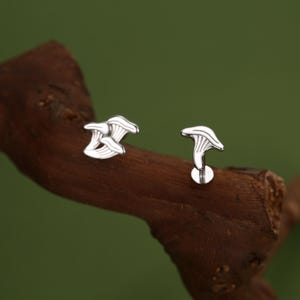 Può includere: Un paio di orecchini a bottone a forma di fungo argentato. Gli orecchini presentano un design dettagliato del cappello e delle branchie. Sono esposti su un ramo di legno marrone su sfondo verde. Orecchini piccoli e delicati.