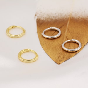 Skinny Huggie Hoops in Sterling Silver,  8mm and 10mm Hoops, Silver or Gold, Simple Hoop Earrings