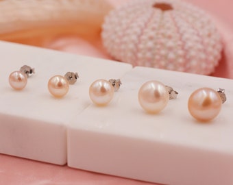 Genuine Pink Pearl Stud Earrings in Sterling Silver, 5mm - 8mm, Small Pearl Stud and Large Pearl Stud, Silver pearl Earrings,