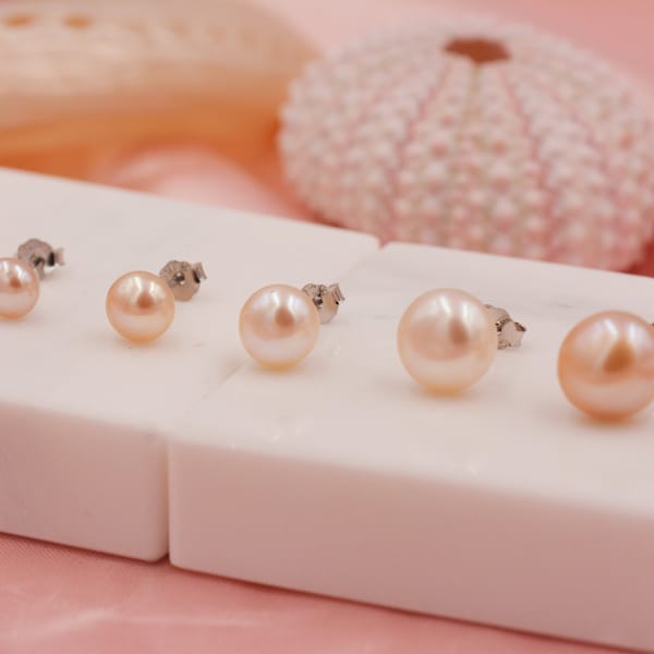 Genuine Pink Pearl Stud Earrings in Sterling Silver, 5mm - 8mm, Small Pearl Stud and Large Pearl Stud, Silver pearl Earrings,