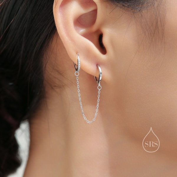 Boucles d'oreilles asymétriques Huggie CZ avec chaîne à maillons, Boucles d'oreilles en chaîne, Créoles liées, Créoles en cristal liées