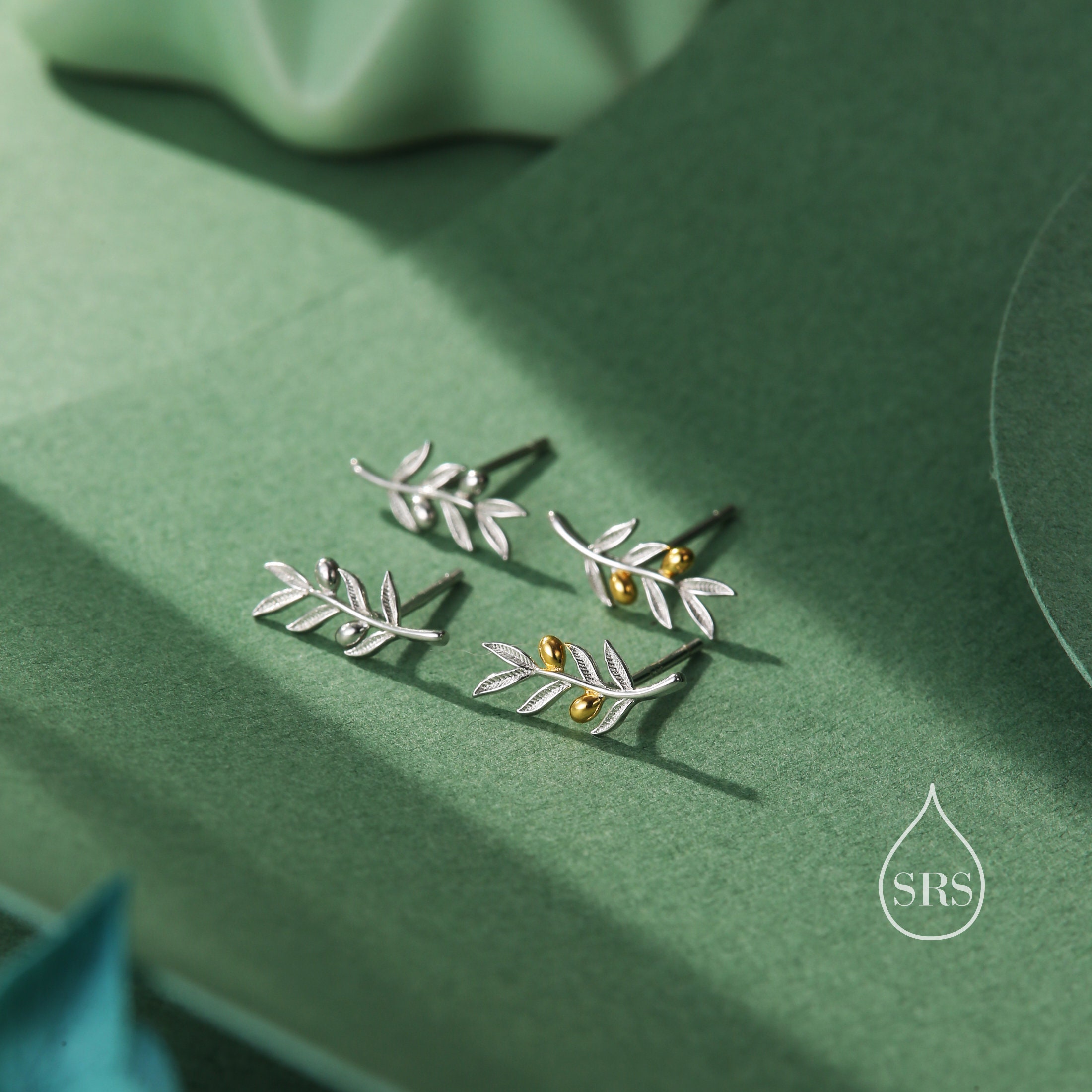 Olive Leaf Stud Earrings in Sterling Silver, Silver, Olive