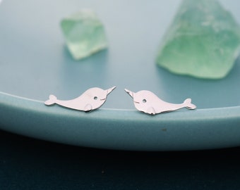 Narwhal Unicorn Whale Stud Earrings in Sterling Silver,  Cute Fun Quirky, Gift for Her, Animal Lover, Nature Inspired, Nautical Fish Ocean