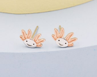 Puces d'oreilles Axolotl en argent sterling - Puces d'oreilles créature marine - Petites boucles d'oreilles - Amateur d'animaux de compagnie - Mignonnes, amusantes, fantaisistes