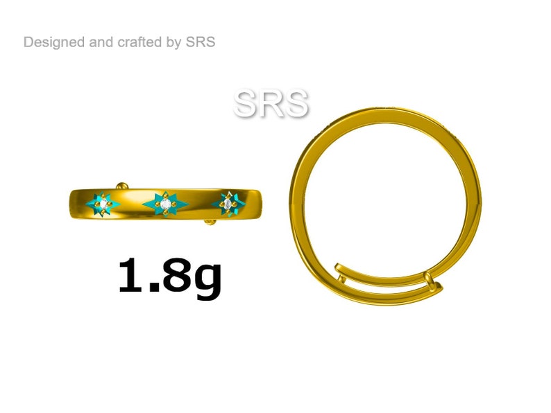 May include: Gold ring with three turquoise stars and a single diamond in the center of each star. The ring weighs 1.8 grams.  The ring is shown from two angles.