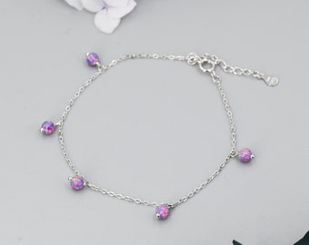 Delicate  Purple Opal Beaded Charm Bracelet in Sterling Silver, Lab Created Opal Bracelet, Silver Opal Bracelet