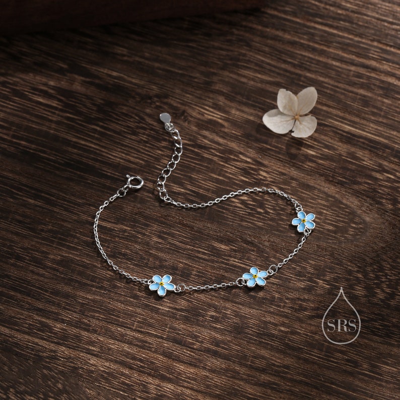 Pulsera con motivo de flores Nomeolvides de esmalte en plata de ley, pulsera de flores, pulsera de flores, pulsera de flores nomeolvides imagen 2