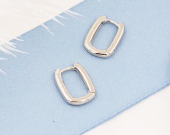 Pair of Small Rectangular Hoop Earrings in Sterling Silver, Oval Hoop Earrings, Chunky Hoop Earrings, Silver or Gold, Square Hoop Earrings