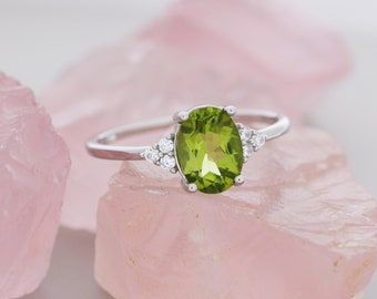 Genuine Peridot Oval Ring in Sterling Silver, Natural Green Peridot Ring, Three CZ,  August Birthstone, Vintage Inspired Design, US 5 - 8